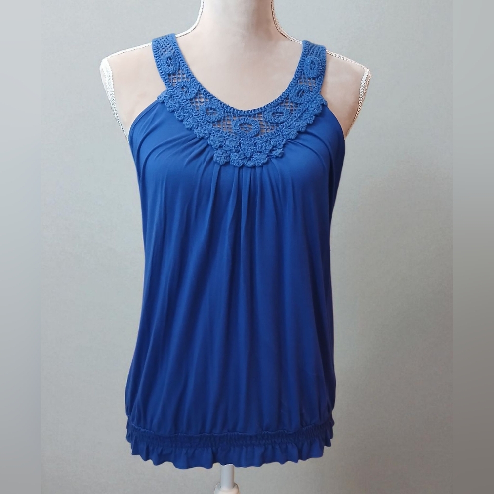 Y2k Willi Smith Cobalt Blue Tank Top Crochet Womans Medium Stretch Ruffle